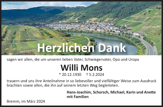 Traueranzeige von Willi Mons von WochenSpiegel
