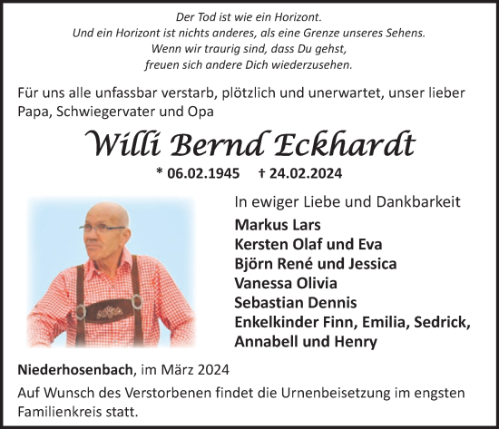 Traueranzeige von Willi Bernd Eckhardt von WochenSpiegel