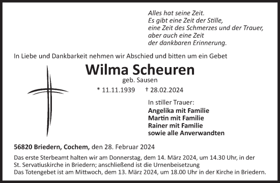 Traueranzeige von Wilma Scheuren von WochenSpiegel