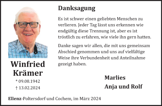 Traueranzeige von Winfried Krämer von WochenSpiegel