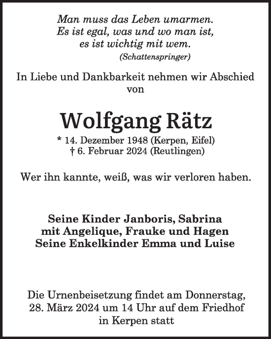 Traueranzeige von Wolfgang Rätz von WochenSpiegel