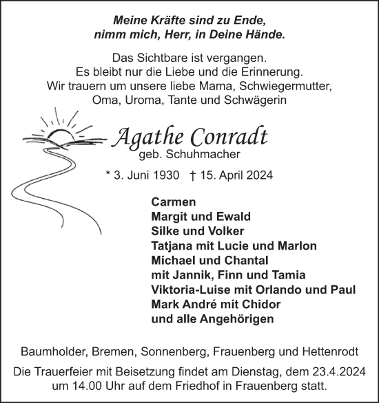 Traueranzeige von Agathe Conradt von WochenSpiegel