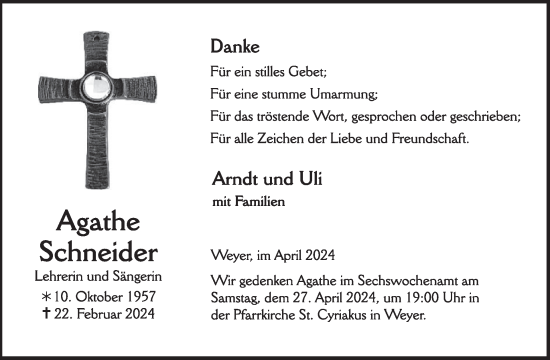 Traueranzeige von Agathe Schneider von WochenSpiegel