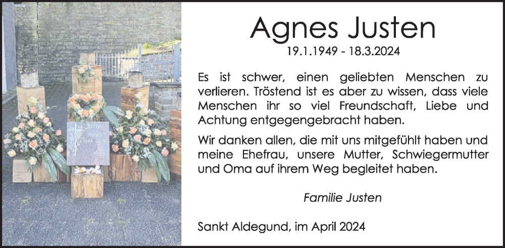  Traueranzeige für Agnes Justen vom 17.04.2024 aus WochenSpiegel
