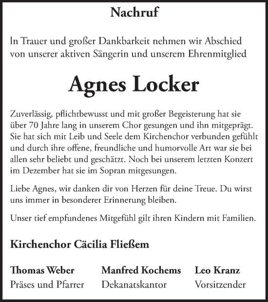 Traueranzeige von Agnes Locker von WochenSpiegel