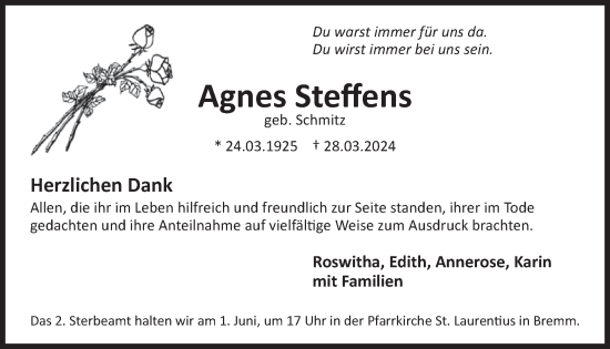 Traueranzeige von Agnes Steffens von WochenSpiegel