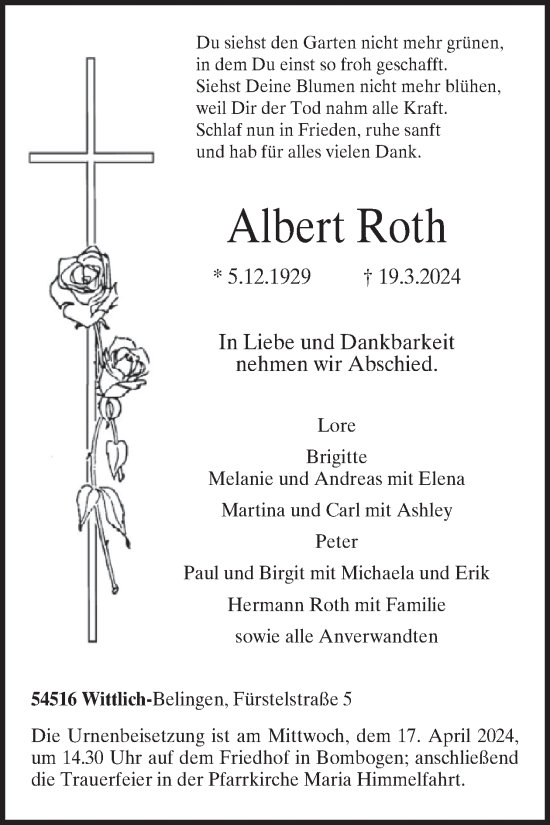 Traueranzeige von Albert Roth von WochenSpiegel