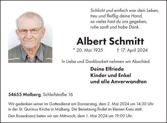 Traueranzeige von Albert Schmitt von WochenSpiegel