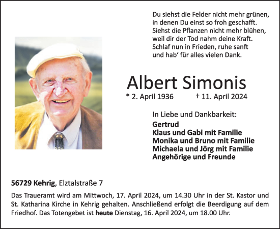 Traueranzeige von Albert Simonis von WochenSpiegel