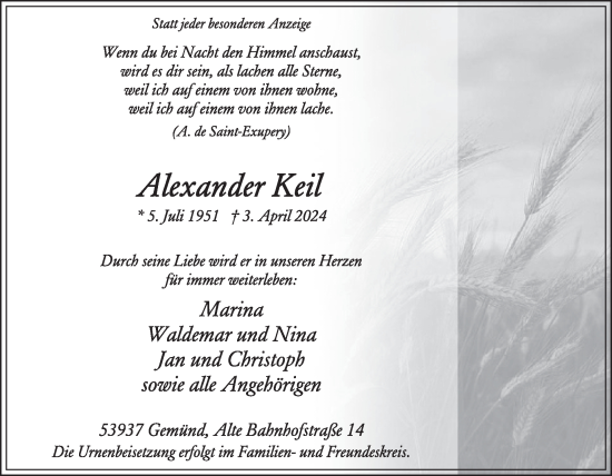 Traueranzeige von Alexander Keil von WochenSpiegel