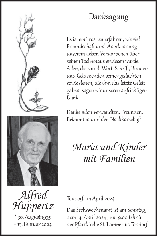 Traueranzeige von Alfred Huppertz von WochenSpiegel