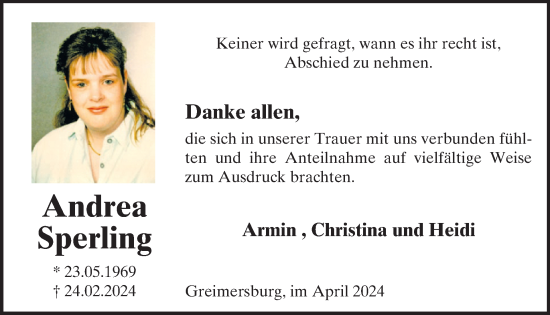 Traueranzeige von Andrea Sperling von WochenSpiegel