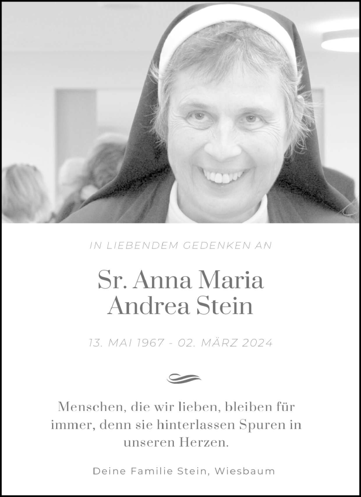  Traueranzeige für Andrea Stein vom 13.04.2024 aus WochenSpiegel
