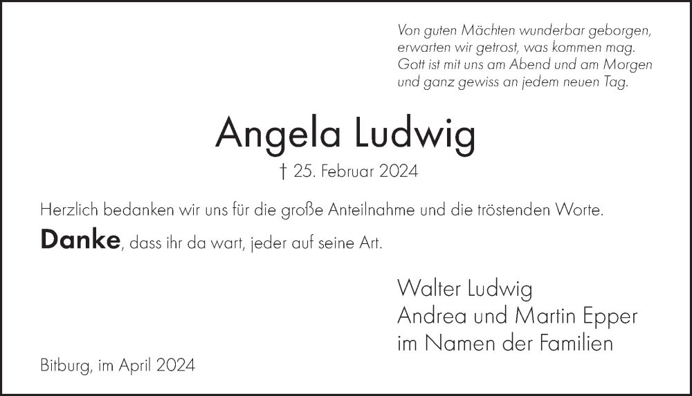  Traueranzeige für Angela Ludwig vom 12.04.2024 aus WochenSpiegel