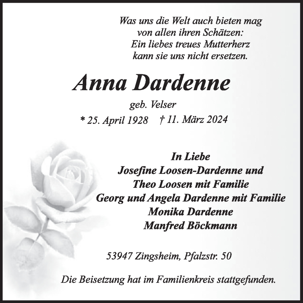  Traueranzeige für Anna Dardenne vom 03.04.2024 aus WochenSpiegel