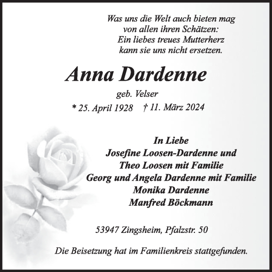 Traueranzeige von Anna Dardenne von WochenSpiegel