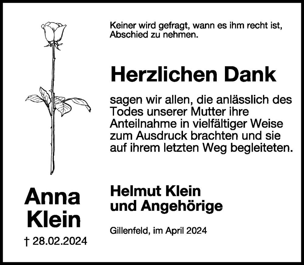  Traueranzeige für Anna Klein vom 13.04.2024 aus WochenSpiegel