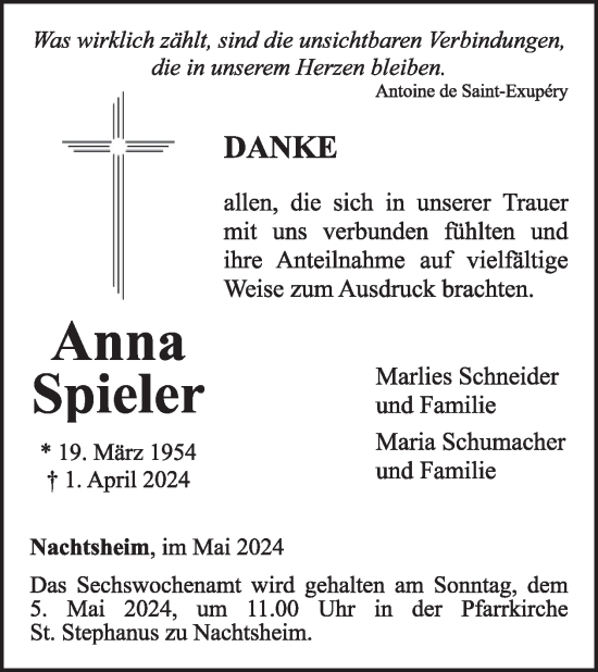 Traueranzeige von Anna Spieler von WochenSpiegel