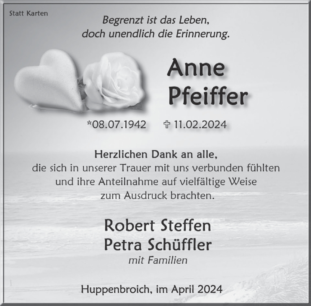  Traueranzeige für Anne Pfeiffer vom 10.04.2024 aus WochenSpiegel