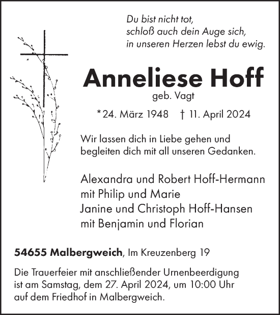 Traueranzeige von Anneliese Hoff von WochenSpiegel