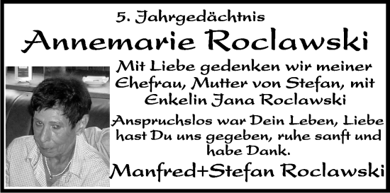 Traueranzeige von Annevnaeie Roclawski von WochenSpiegel