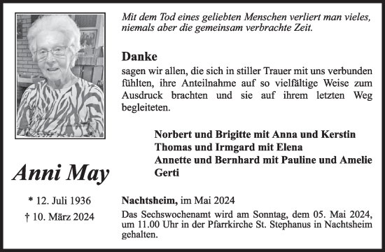 Traueranzeige von Anni May von WochenSpiegel