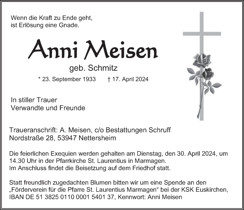  Traueranzeige für Anni Meisen vom 24.04.2024 aus WochenSpiegel