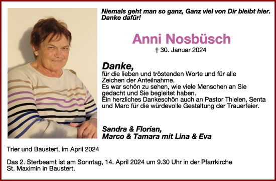 Traueranzeige von Anni Nosbüsch von WochenSpiegel