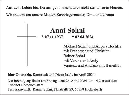 Traueranzeige von Anni Sohni von WochenSpiegel