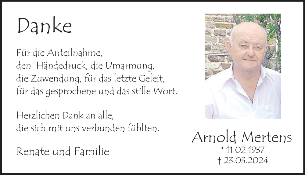  Traueranzeige für Arnold Mertens vom 17.04.2024 aus WochenSpiegel