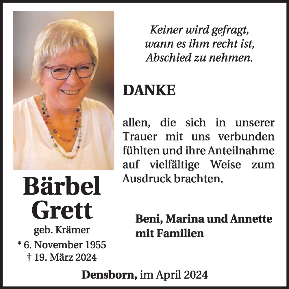  Traueranzeige für Bärbel Grett vom 27.04.2024 aus WochenSpiegel