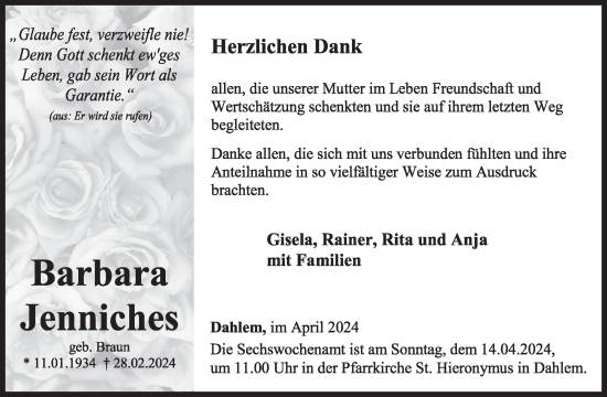 Traueranzeige von Barbara Jenniches von WochenSpiegel