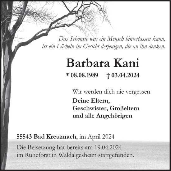 Traueranzeige von Barbara Kani von WochenSpiegel
