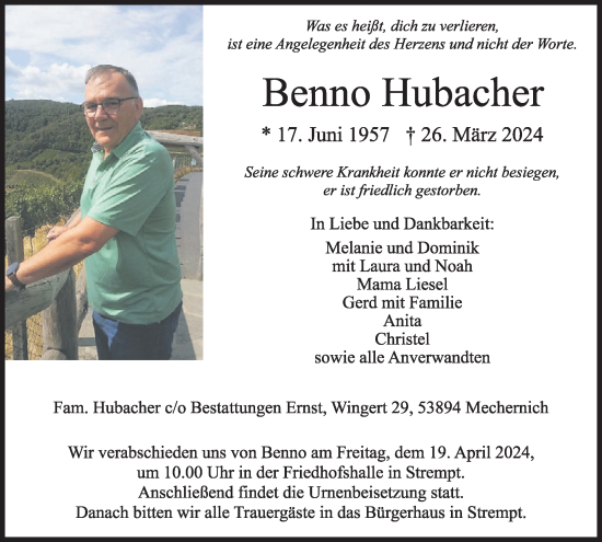 Traueranzeige von Benno Hubacher von WochenSpiegel