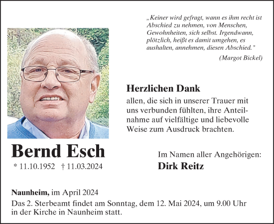 Traueranzeige von Bernd Esch von WochenSpiegel
