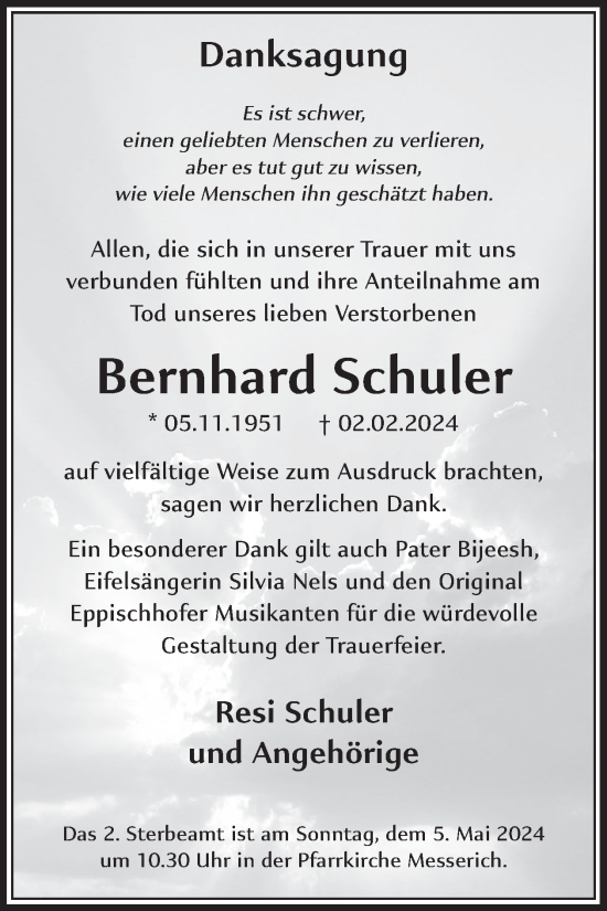 Traueranzeige von Bernhard Schuler von WochenSpiegel