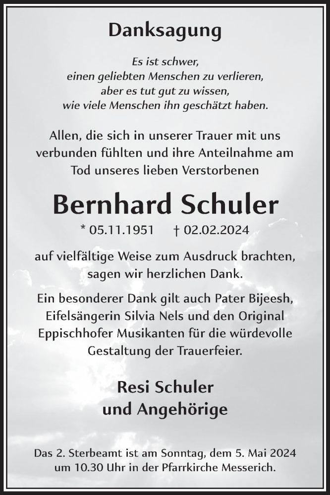  Traueranzeige für Bernhard Schuler vom 26.04.2024 aus WochenSpiegel