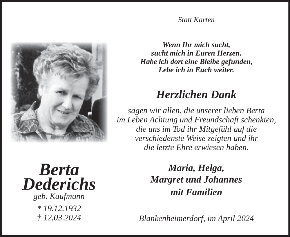  Traueranzeige für Berta Dederichs vom 24.04.2024 aus WochenSpiegel