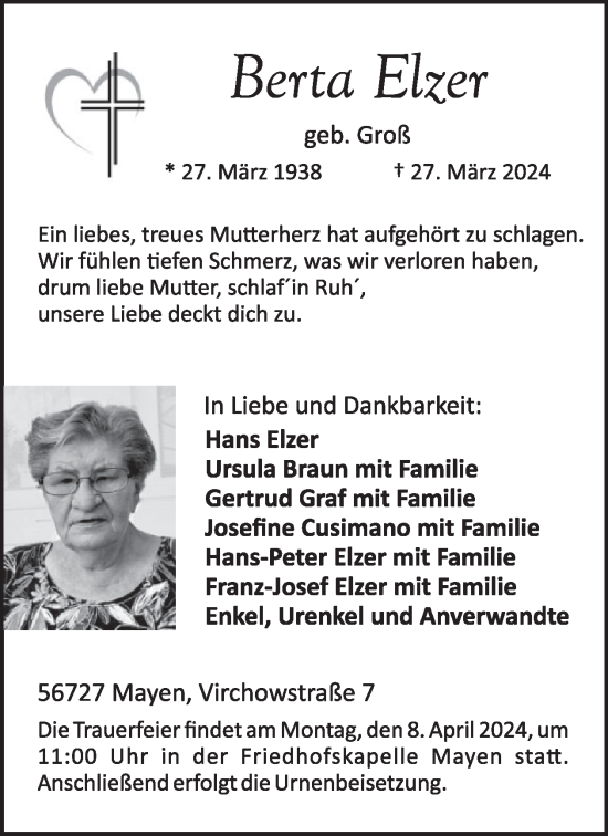 Traueranzeige von Berta Elzer von WochenSpiegel