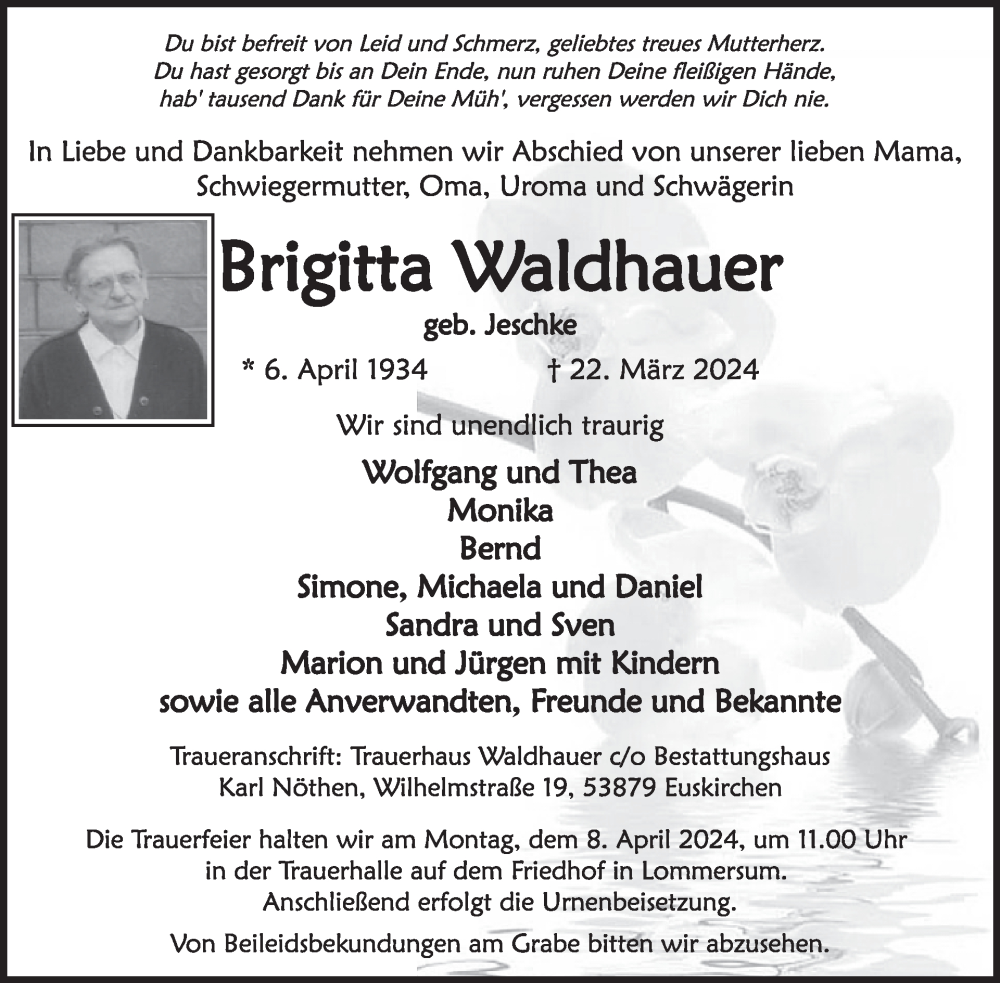  Traueranzeige für Brigitta Waldhauer vom 03.04.2024 aus WochenSpiegel