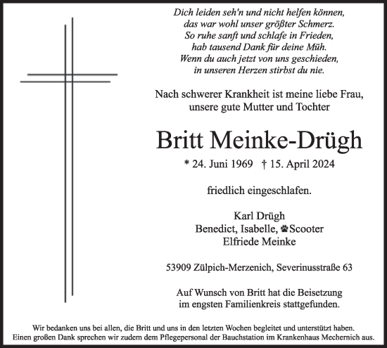 Traueranzeige von Britt Meinke-Drügh von WochenSpiegel