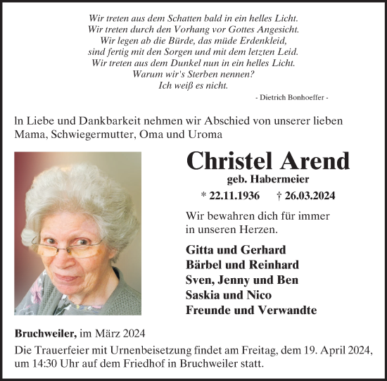 Traueranzeige von Christel Arend von WochenSpiegel
