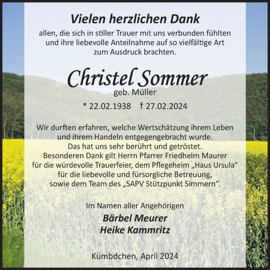 Traueranzeige von Christel Sommer von WochenSpiegel