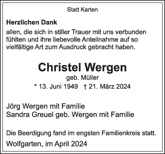 Traueranzeige von Christel Wergen von WochenSpiegel