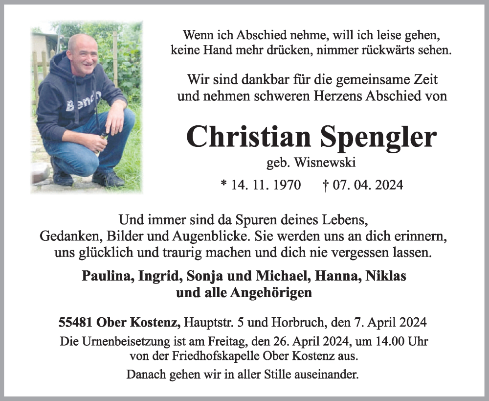  Traueranzeige für Christian Spengler vom 20.04.2024 aus WochenSpiegel
