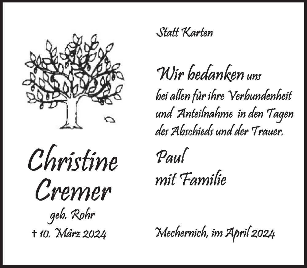  Traueranzeige für Christine Cremer vom 10.04.2024 aus WochenSpiegel