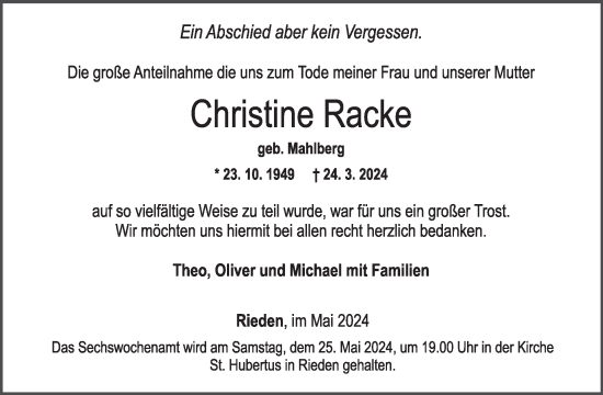 Traueranzeige von Christine Racke von WochenSpiegel