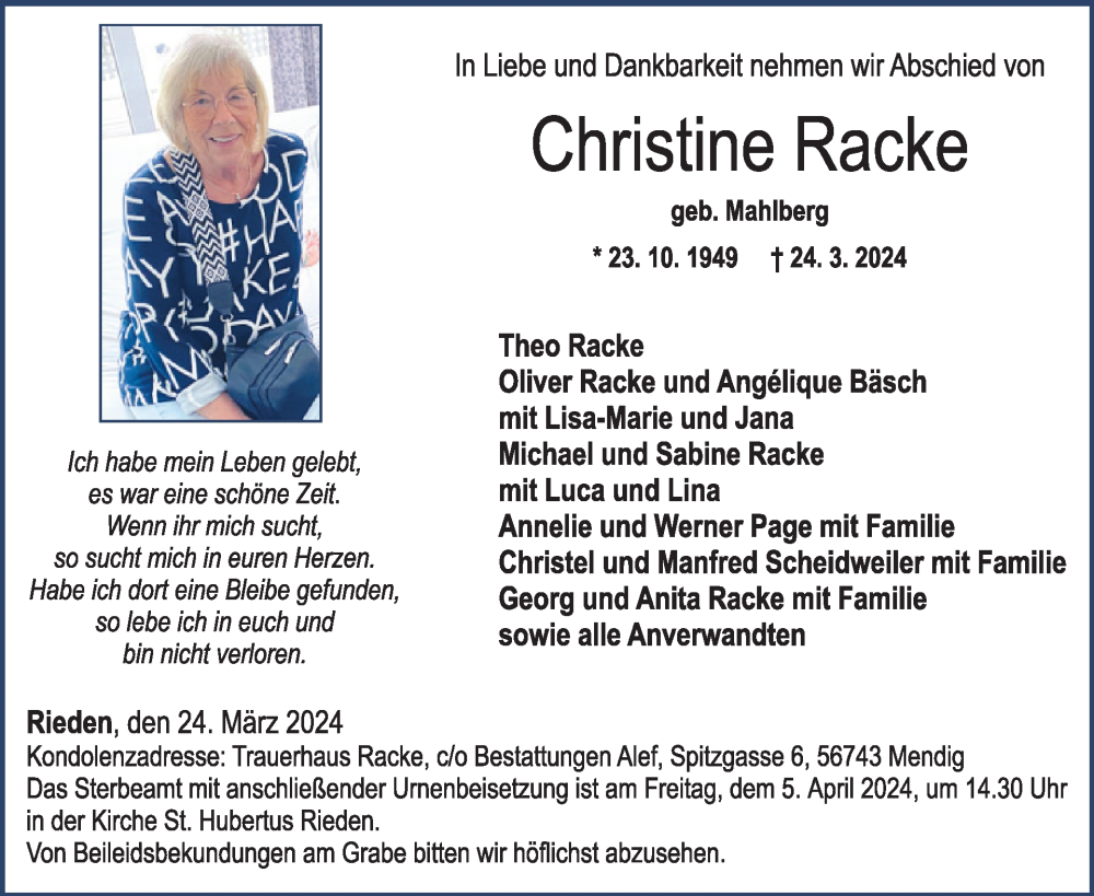  Traueranzeige für Christine Racke vom 03.04.2024 aus WochenSpiegel