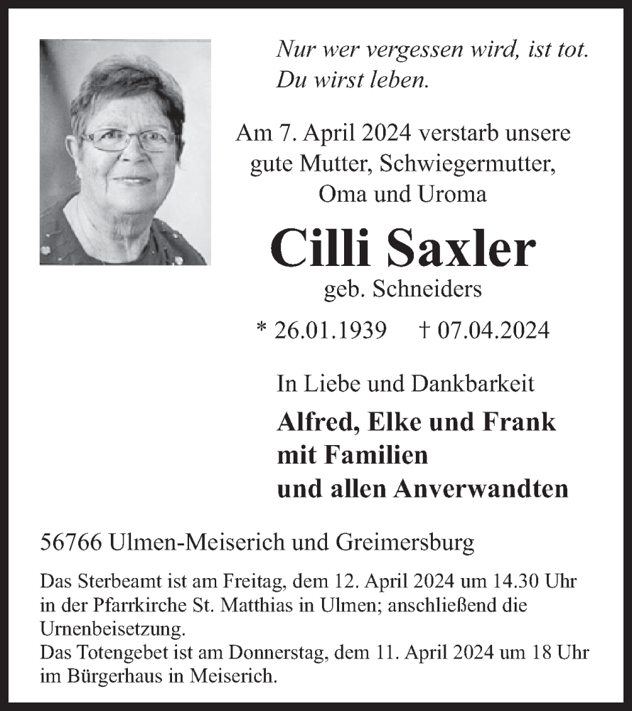  Traueranzeige für Cilli Saxler vom 10.04.2024 aus WochenSpiegel