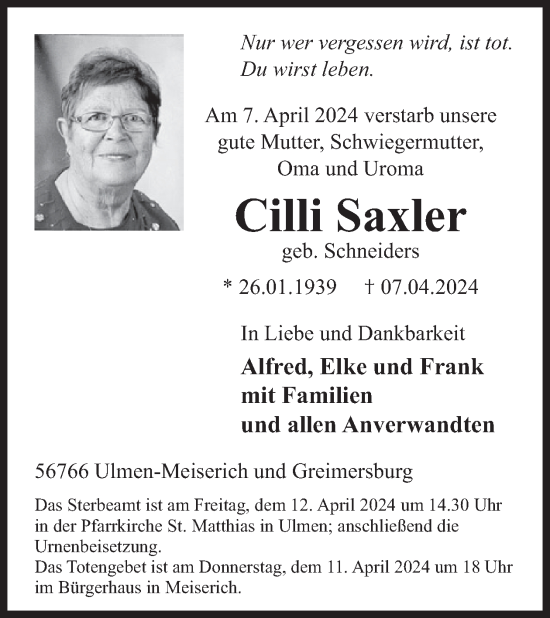Traueranzeige von Cilli Saxler von WochenSpiegel